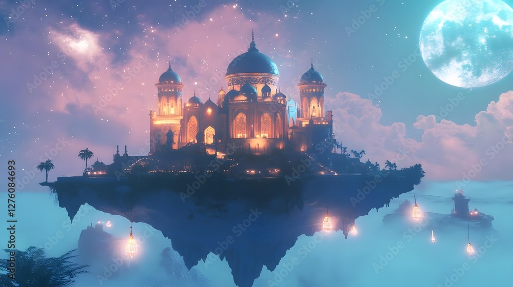 Poster enchanted floating palace illuminated by moonlight, surrounded by clouds and distant glowing lantern