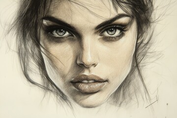 Obraz premium Detailed portrait of a woman showcasing expressive eyes and full lips in a realistic drawing style