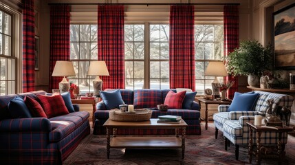 curtains red blue plaid