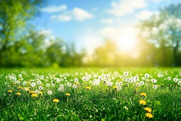Fototapeta premium Beautiful bright natural image of fresh grass spring meadow with dandelions with blurred background and blue sky with clouds.