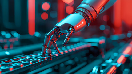 A robotic arm reaches out towards a series of buttons, illuminated in vibrant blue and red hues, showcasing advanced technology and automation.