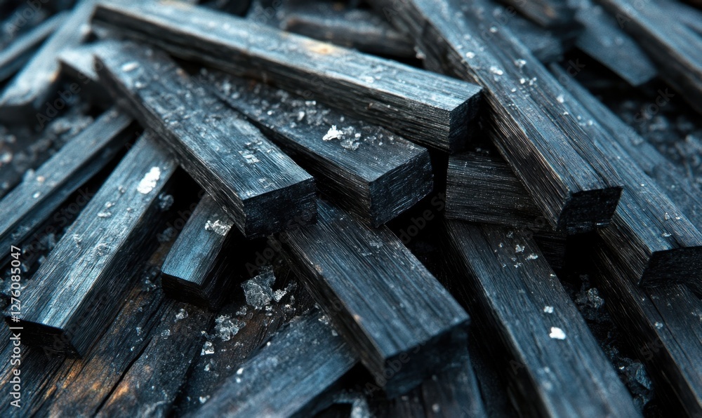 Poster a close-up view of stacked charcoal pieces, showcasing their texture and arrangement, with a blurred