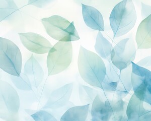Watercolor leaves in blue and green, overlaying, creating a calming background for graphic design or print