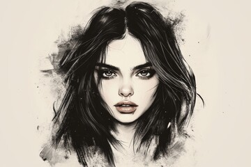 Portrait of a young woman with striking features and flowing hair showcasing artistry and expression through charcoal technique