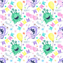 Seamless Pattern funny monster watercolor. Monster birthday party, illustration print. Cute Cartoon background. For digital paper, textile, fabric, wallpaper. Kids design seamless pattern