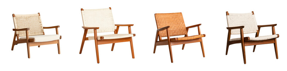 Collection of stylish and comfortable wooden armchairs arranged in a modern minimalist living room interior design  The chairs feature sleek contemporary lines and cozy upholstery