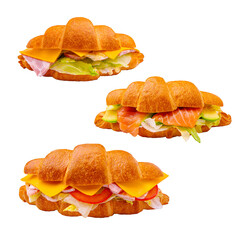 Croissant sandwiches with various fillings on a white background