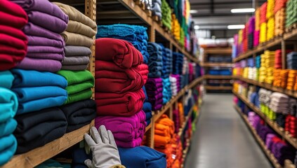 Colorful Fabric Stacks: A Warehouse of Vivid Textiles, Organized for Retail Sales