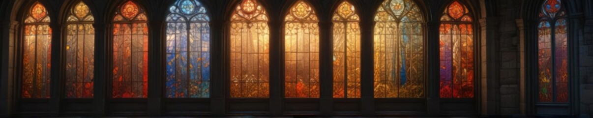 Stone fa?ade with natural light pouring in through stained glass windows, glass, natural