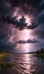 Fototapeta premium Stormy sky with dark clouds and lightning illuminating the Missouri River, cloudy skies, illuminated water, dark clouds