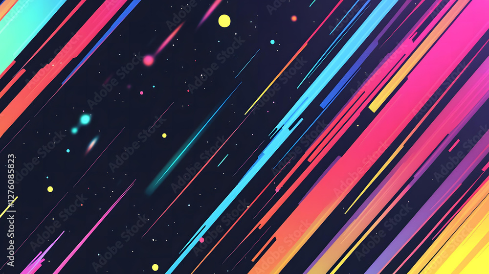 Poster vibrant diagonal lines abstract space background with colorful streaks and glowing dots