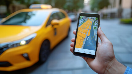 Taxi service people order auto banner vector illustration. Traffic transportation location yellow car business. Delivery drive booking vehicle search application. City automobile.