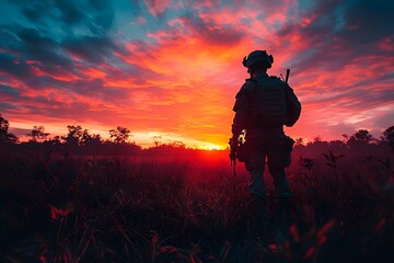 Fototapeta premium Silhouette of a Soldier at Sunset in a Tranquil Field
