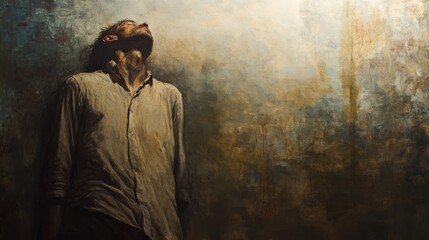 Man looks upward against textured background experiencing introspection or solitude.