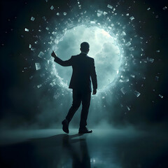 Fototapeta premium “Breaking Limits” – A businessperson breaking through a glass ceiling (Realistic, Dramatic Lighting)