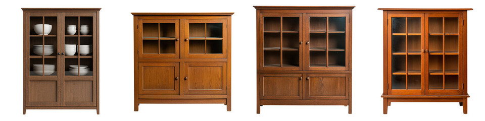 Elegant wooden cabinets and display shelves for storing and showcasing books decor and household items in a classic traditional style for the home or office