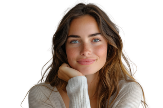 Charming Woman Resting Her Chin on Hand, Smiling Naturally with Warm Expression in Wholesome Portrait