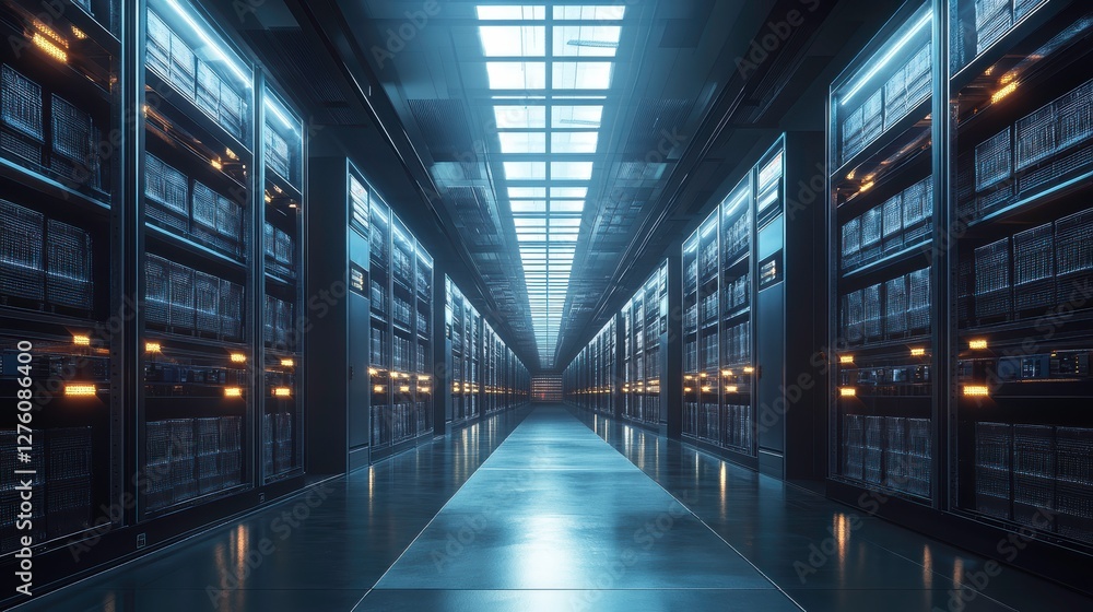 Poster a futuristic server room with rows of data storage racks, illuminated by blue lighting, creating a s