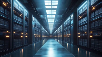 Fototapeta premium A futuristic server room with rows of data storage racks, illuminated by blue lighting, creating a sleek and high-tech atmosphere.