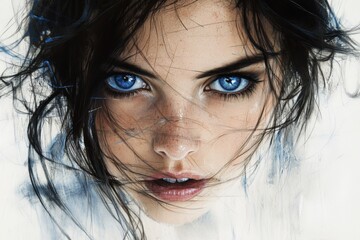 Captivating portrait of a woman with striking blue eyes and flowing dark hair against a soft background