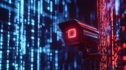 A futuristic glowing security camera with a digital interface, highlighting advanced surveillance and cutting-edge security technology