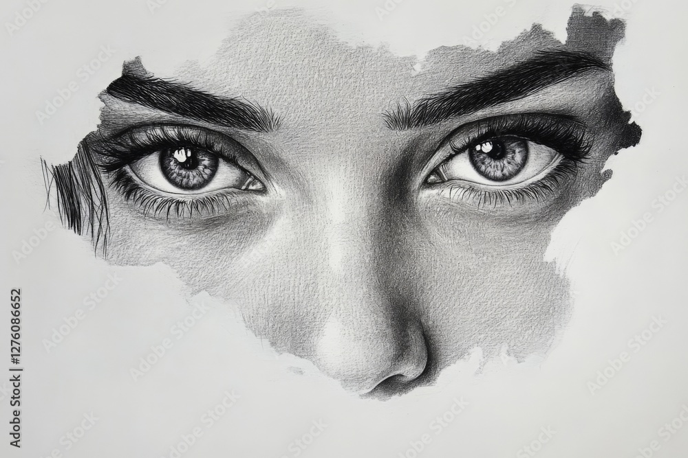 Poster detailed close-up of expressive eyes with intricate shading and realistic features captured in black