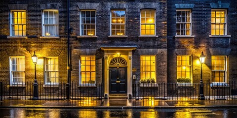 Atmospheric Low Light Georgian London Townhouse Facade, Yellow Brick Terrace House at Dusk