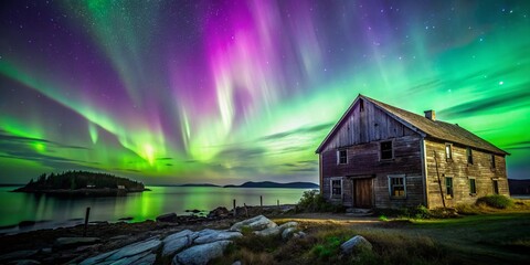 Obraz premium Aurora Borealis Illuminates Bar Harbor, Maine's Coastal Landscape at Night