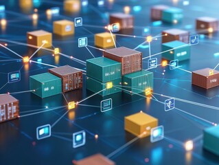 Digital network of shipping containers connected by data signals.