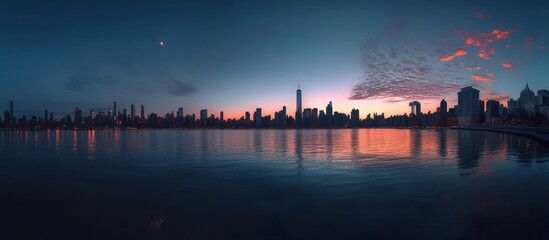 Fototapeta premium Cityscape Sunrise, Water Reflection, Dramatic Sky