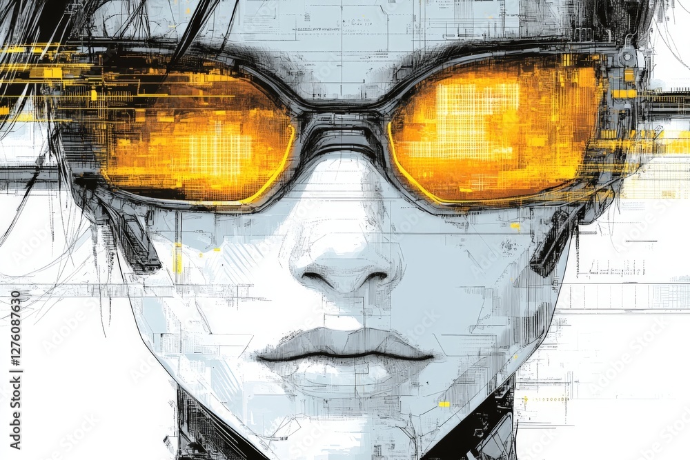 Aufkleber futuristic character with glowing yellow goggles against a high-tech background during a digital era