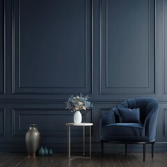 A navy blue velvet armchair sits in front of a dark blue wall with wainscoting A vase of flowers on a gold side table accents the elegant room