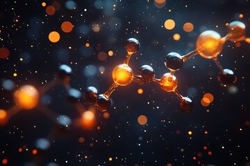 Molecular structure, science, glowing atoms, dark background