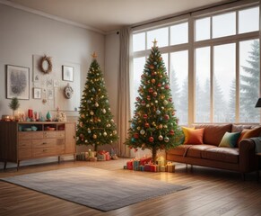 Tall Christmas tree in a living room with colorful ornaments and lights, garlands , festive furniture