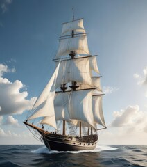 Tall sailing vessel with billowing white sails, seagull flying, sailing experience, naval architecture