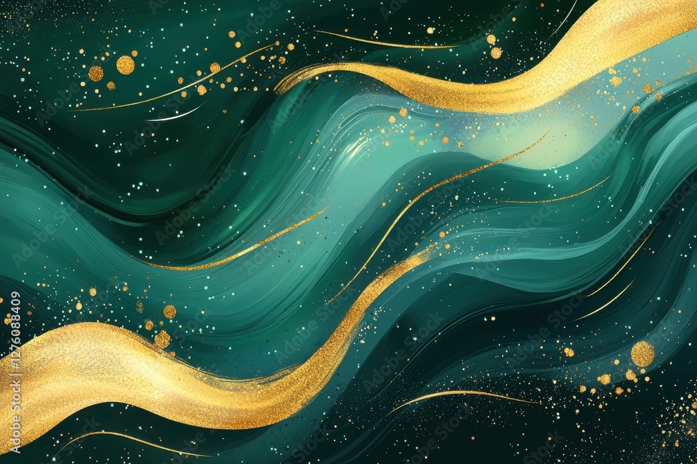 Wall mural abstract green and gold wave pattern with sparkles and texture