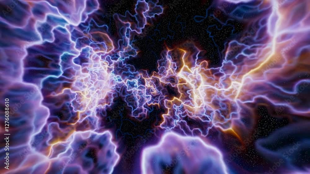 Poster dynamic video concept of swirling energy with vibrant colors, captured from a central angle, creatin