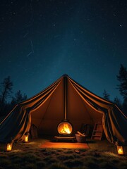 Tent with a wooden stove and lanterns under starry sky, stars, tent, night sky