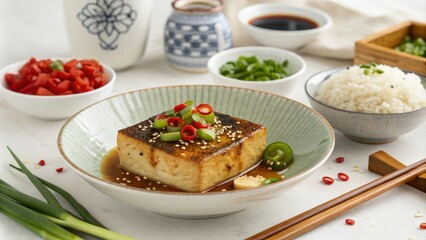 Teriyaki tofu on a decorated table with garnishes, plate decoration, Japanese cuisine,