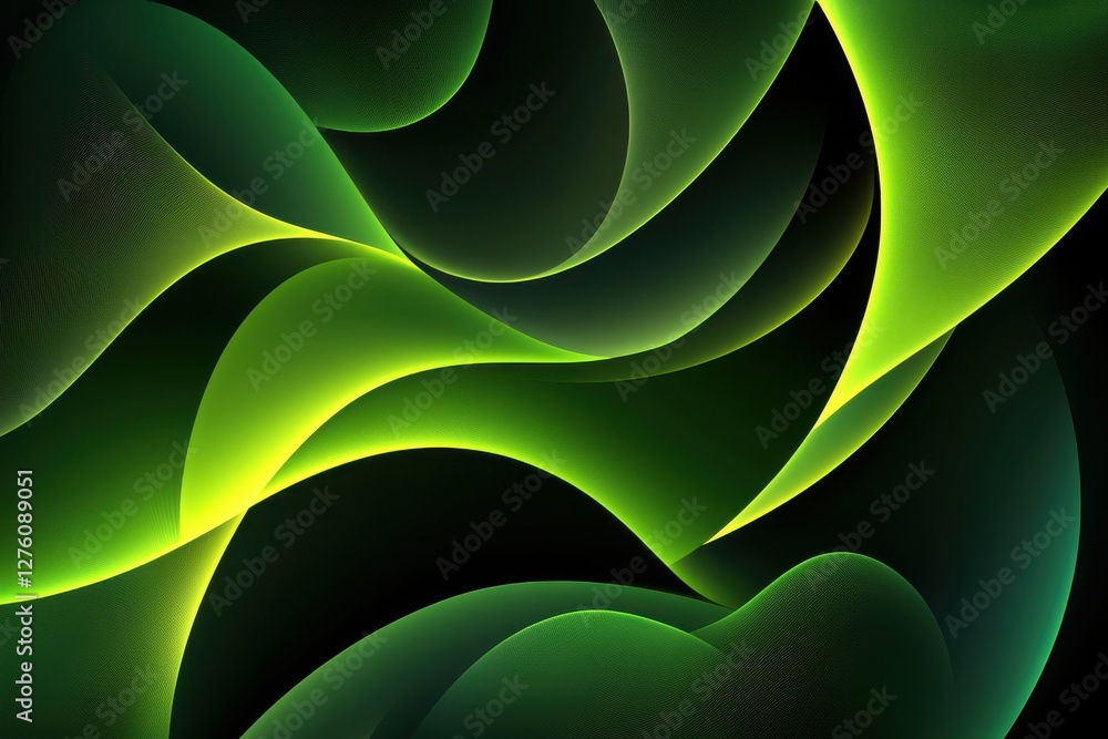 Wall mural flowing green abstract waves with vibrant gradient in dark background