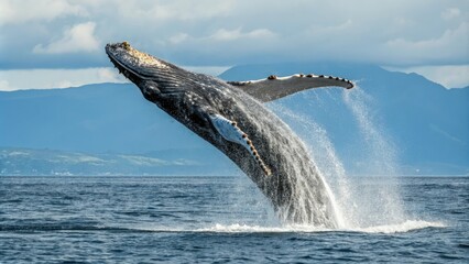Obraz premium The humpback whale's long tail propels it out of the ocean as it jumps high above the water surface, sea surface, aquatic animal