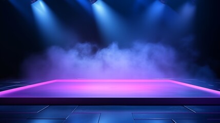 The dark stage shows, empty dark blue, purple, pink background, neon light, spotlights, The asphalt floor and studio room with smoke float up the interior texture for display products