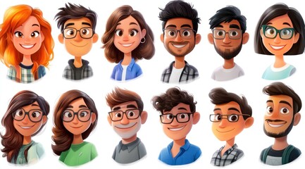 Smiling People Closeup Portrait Set Cute Cartoon Businessman Male and Female Avatars Multi-ethnic Man and Woman Faces Isolated on White Background