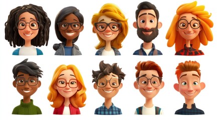 Smiling People Closeup Portrait Set Cute Cartoon Businessman Male and Female Avatars Multi-ethnic Man and Woman Faces Isolated on White Background