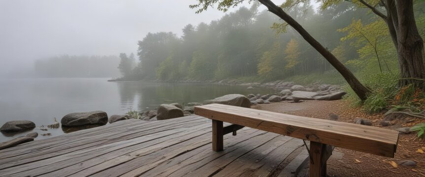 The rustic wooden bench blends seamlessly into the natural surroundings as it overlooks Pewaukee Lake on a foggy gray day, landscape, scenery, water