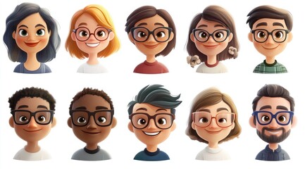 Smiling People Closeup Portrait Set Cute Cartoon Businessman Male and Female Avatars Multi-ethnic Man and Woman Faces Isolated on White Background