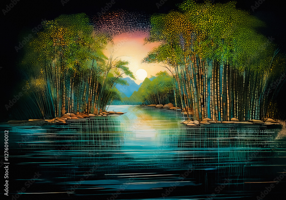 Aufkleber a tranquil landscape scene shows a serene river flowing through lush trees as the sky transitions fr