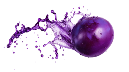 A vibrant purple plum, falling with a slight rotation, isolated on a white backdrop