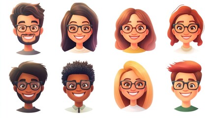 Smiling People Closeup Portrait Set Cute Cartoon Businessman Male and Female Avatars Multi-ethnic Man and Woman Faces Isolated on White Background