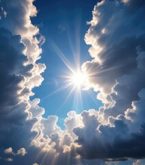 Thick and billowy clouds against a brilliant blue sky with multiple sun rays peeking through , soft, sky